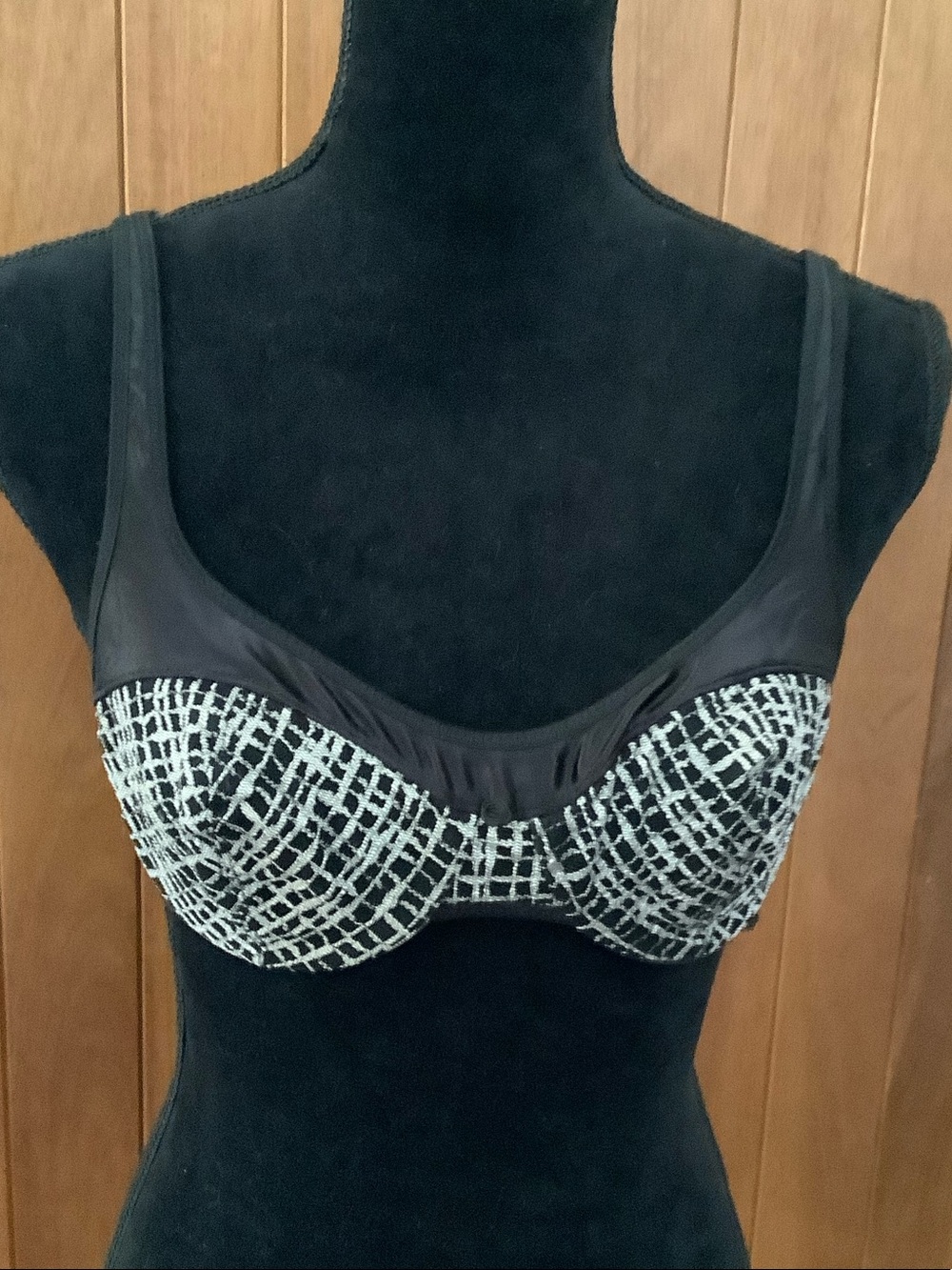 Vintage 90s Wonderbra 36B Push Up Bra Black White Goth Geometric Grid Mesh